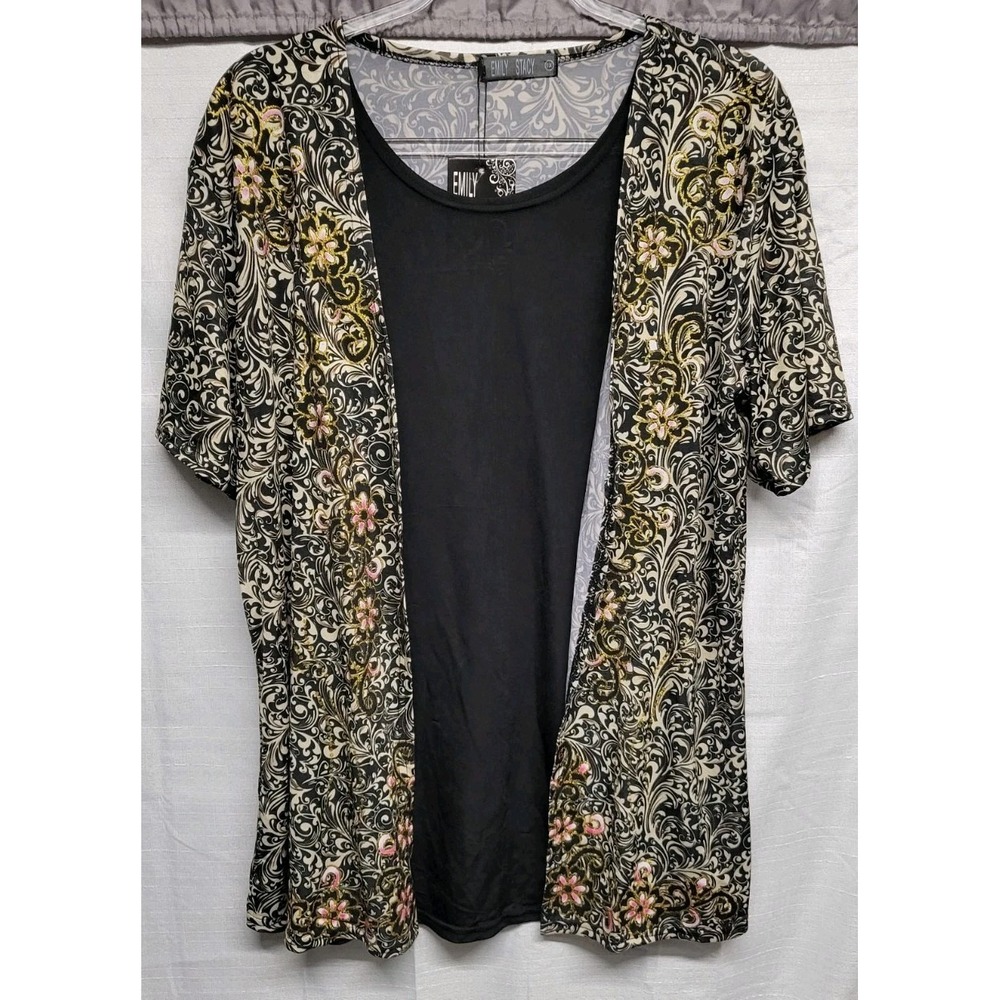 New Ellen Stacy Mock Layered 1X Blouse Black And White Filigree